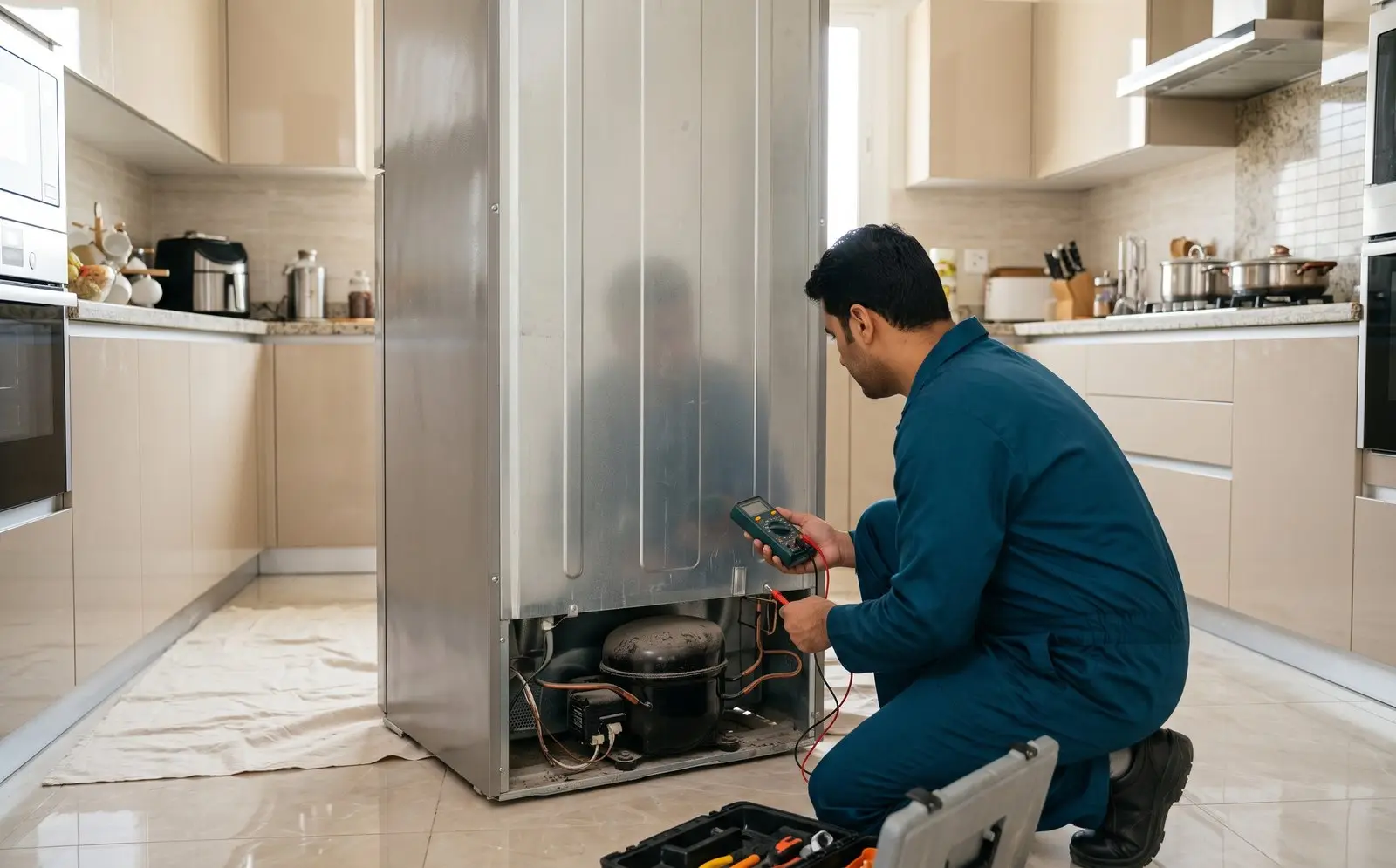 فني يفحص الكمبروسر خلف ثلاجة بابين ستانلس ستيل